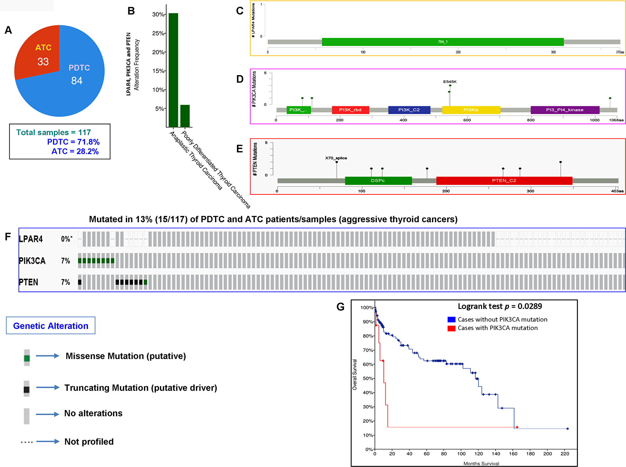 Prevalence of GPCR-mediated PI3K pathway mutations in PDTC and ATC (aggressive thyroid cancers).