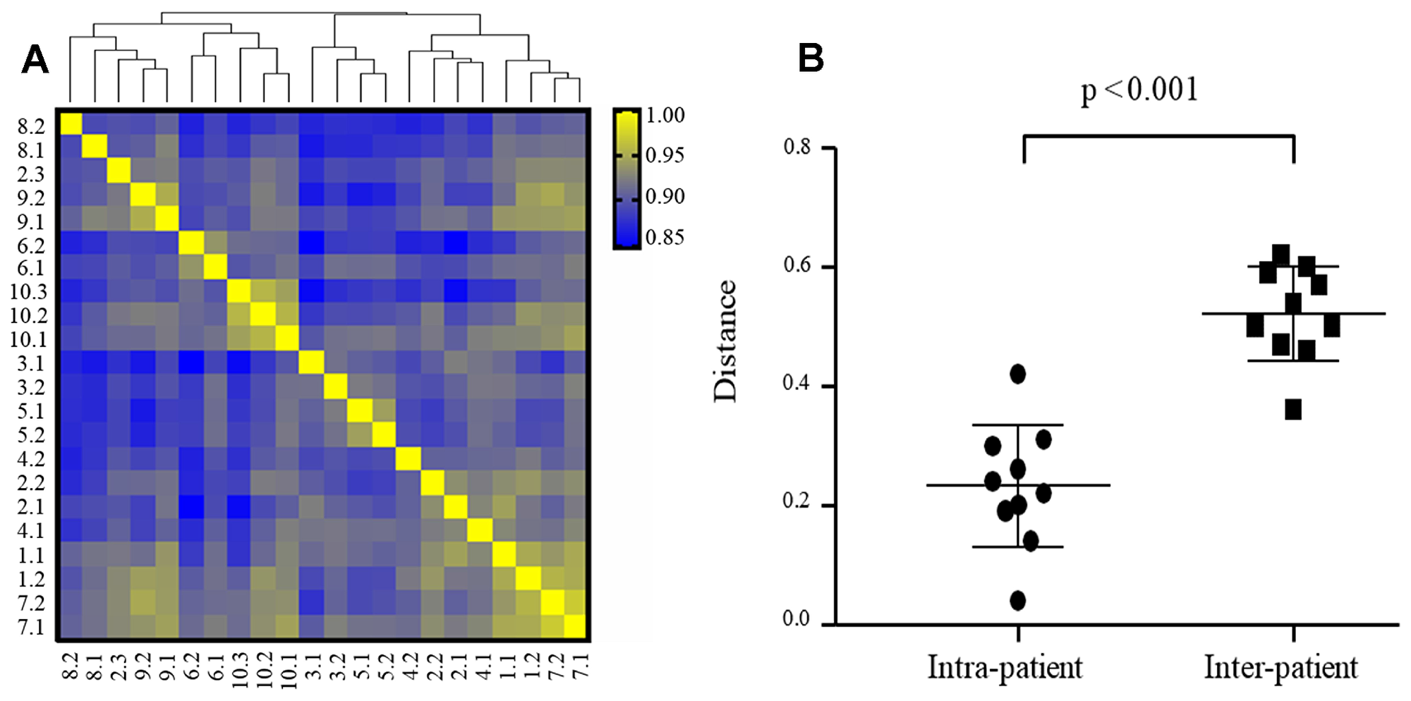 Intra- and inter-patient heterogeneity of mRNA expression in TNBC (N = 22 specimens).