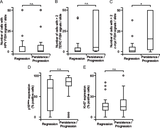 c-myc copy number gain correlates with persistent and progressing dysplasia.