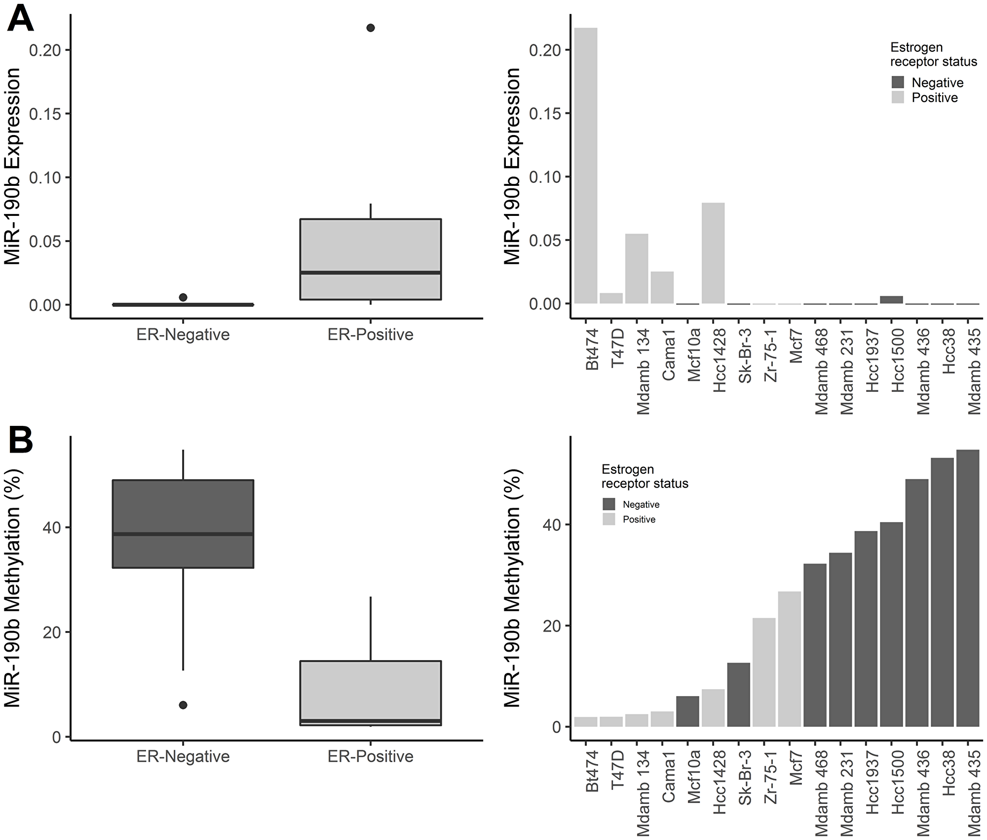 MiR-190b expression and methylation status in breast derived cell lines.