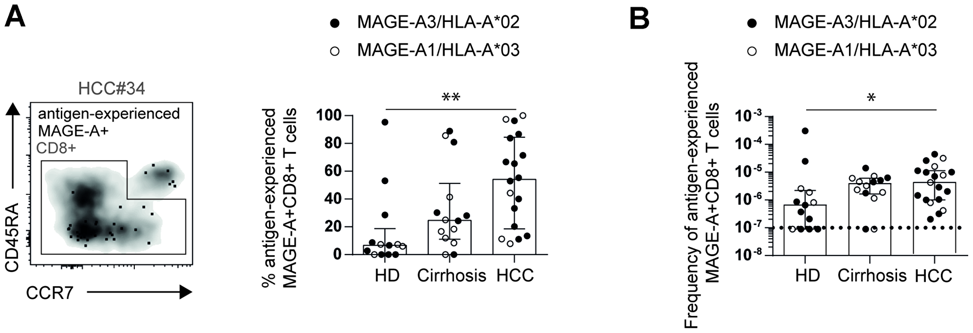 Increased frequencies of circulating antigen-experienced MAGE-A-specific CD8+ T cells in HCC patients.