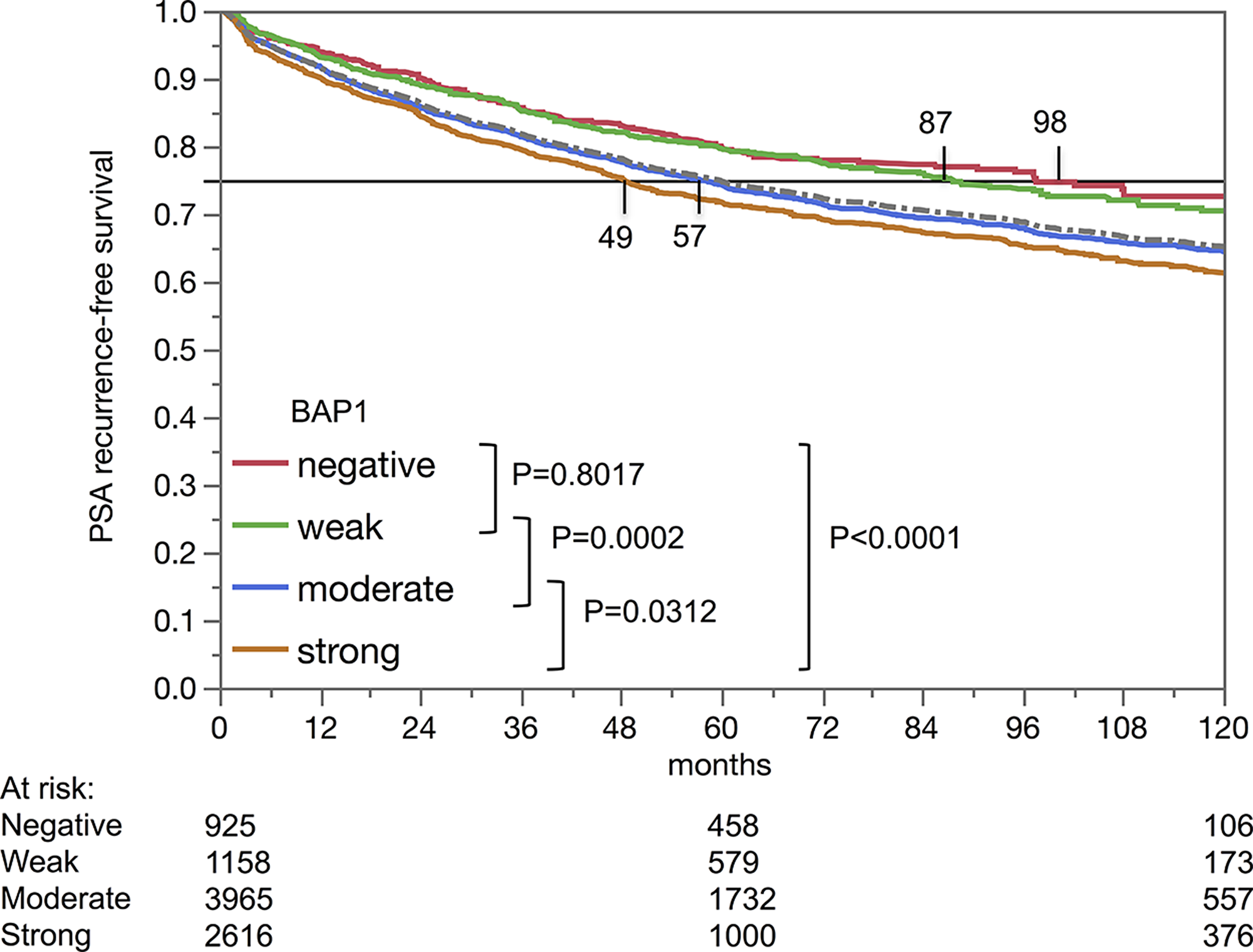 Kaplan-Meier analysis of PSA recurrence-free survival after prostatectomy and BAP1 staining.