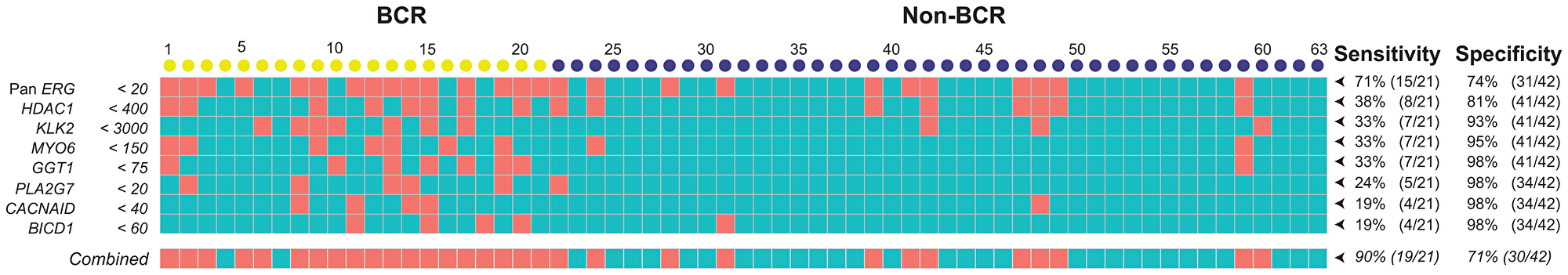 A gene panel for the prediction of BCR was selected based on significant differential expression in prostate tumors of non-BCR and BCR cases.