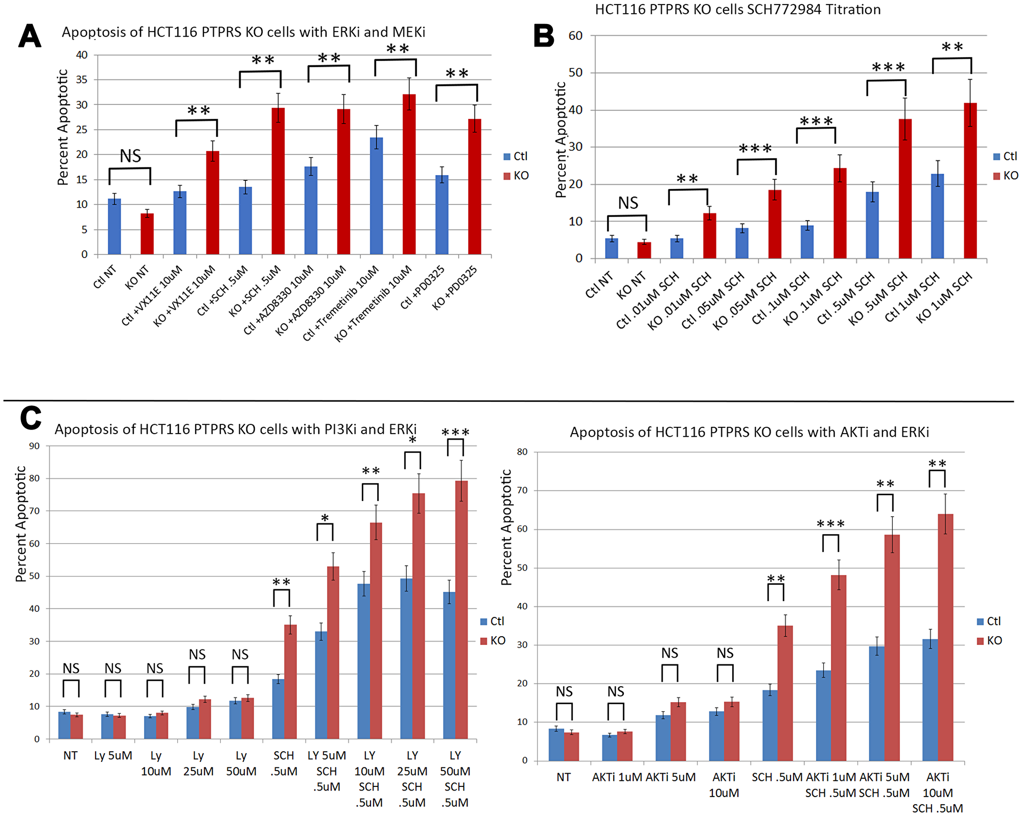 PTPRS KO cells produced increased apoptosis in response to ERK inhibition.