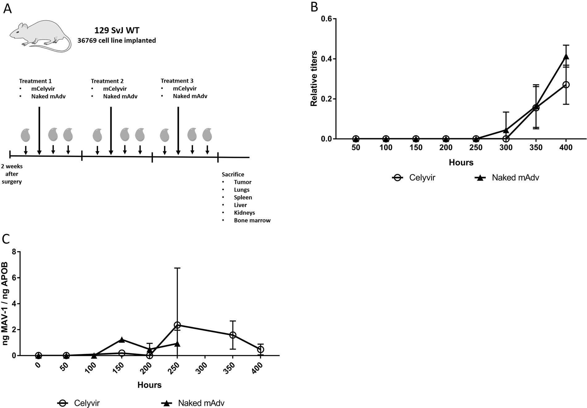 Figure 1: Kinetic of circulating anti-adenovirus antibodies and viral particles following repeated infusions of mCelyvir.