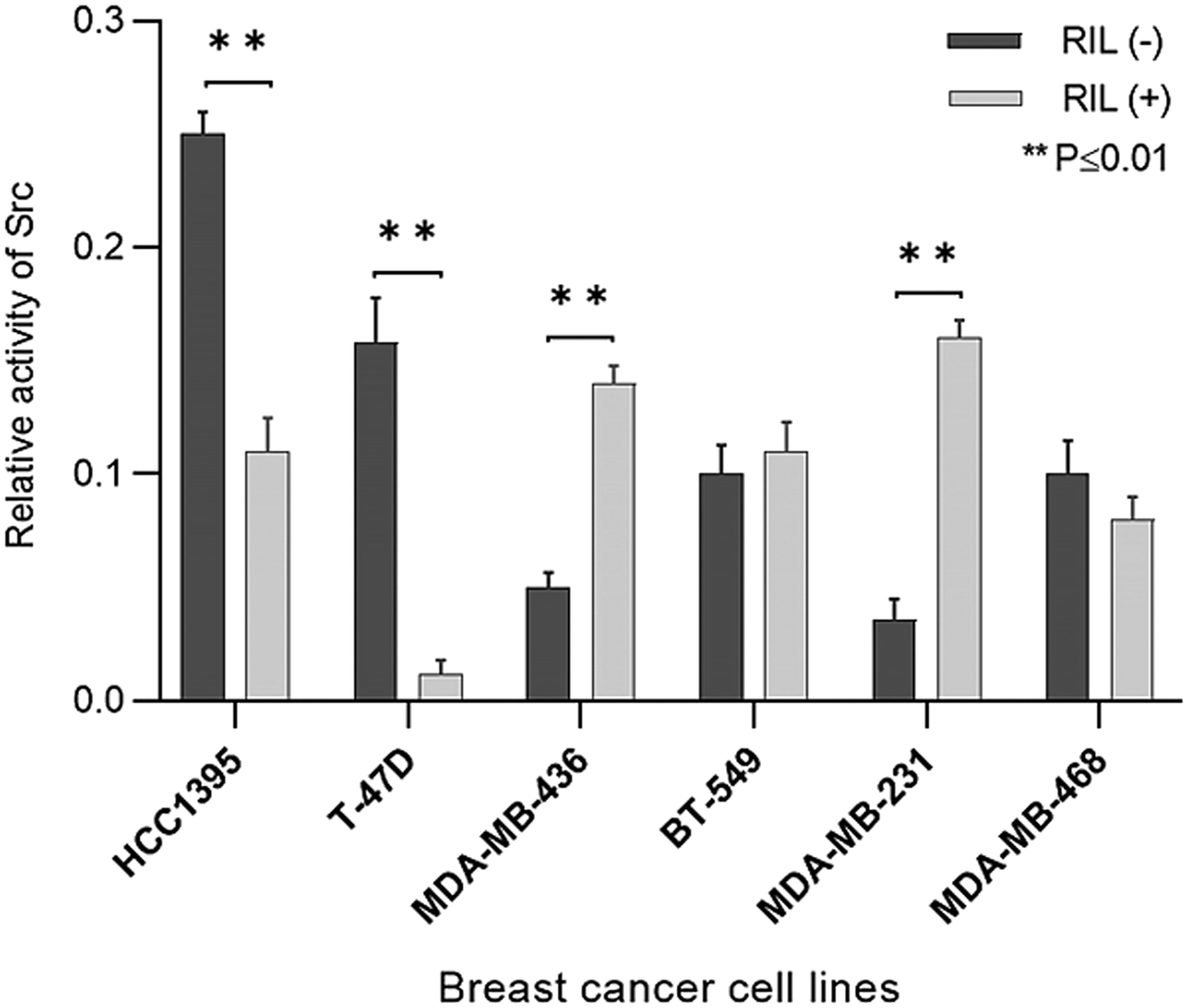 The effect of RIL expression switching on Src activity in breast cancer cell lines; columns reflect the proportion of active Src (Y419-phosphorylated) relative to pan Src; bars represent standard deviation of the mean.