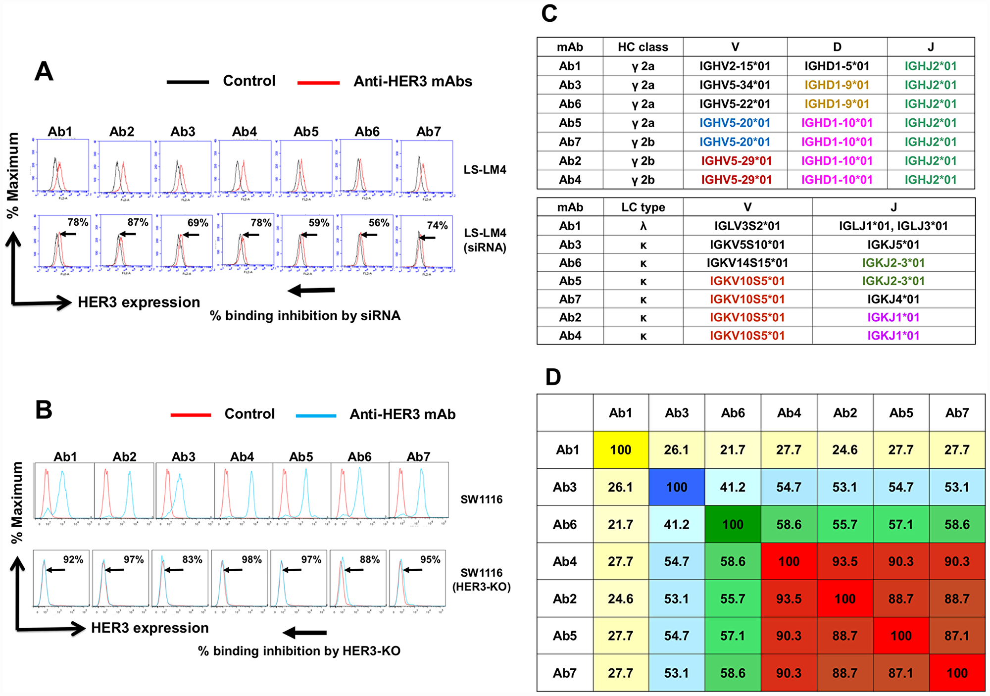 Determination of the specificity of anti-HER3 mAbs by KD and KO, germline segments and CDR homology of anti-HER3 mAbs.