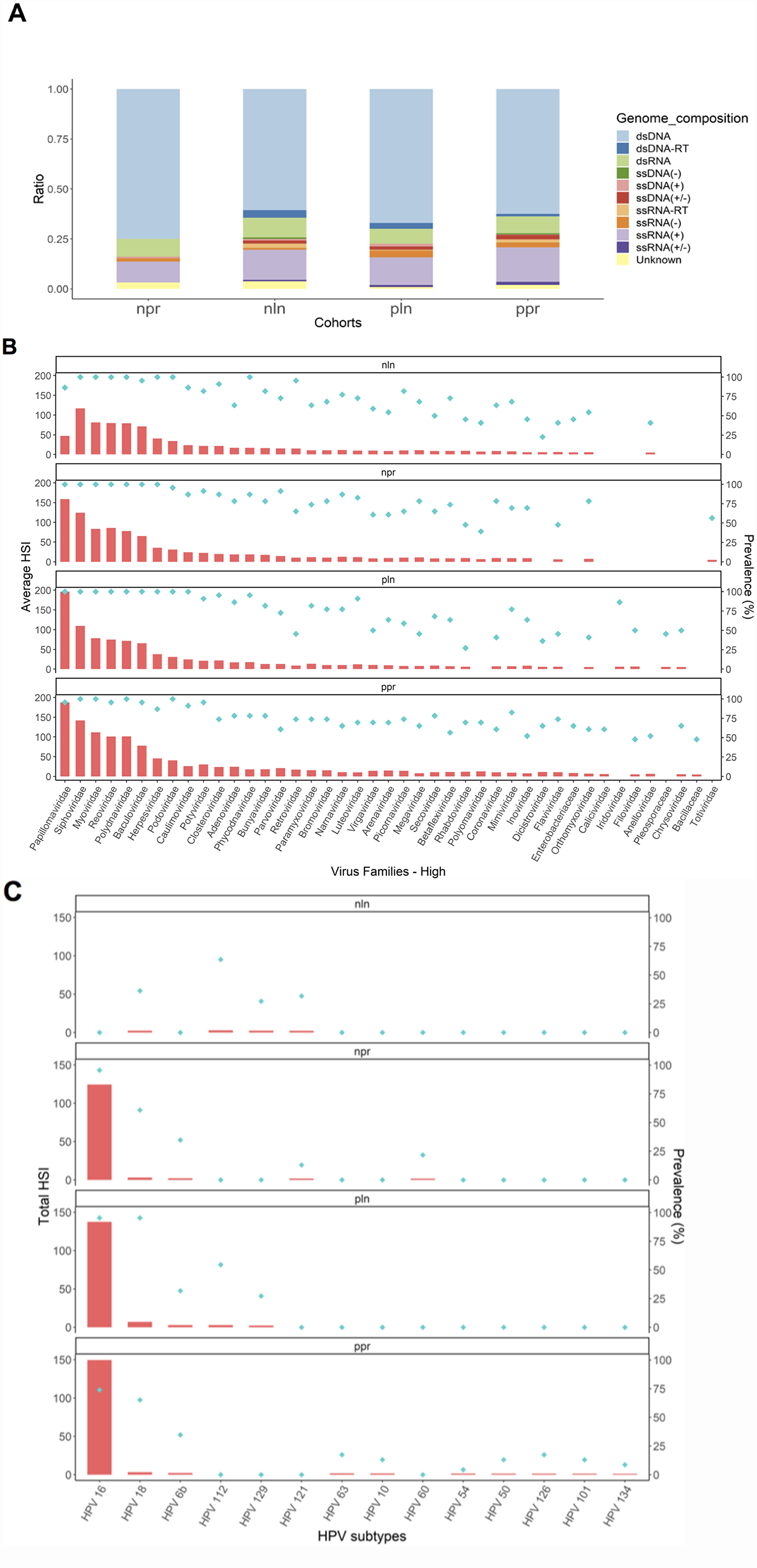 Viral signatures for tonsil cancer cohorts and controls by PathoChip screen.