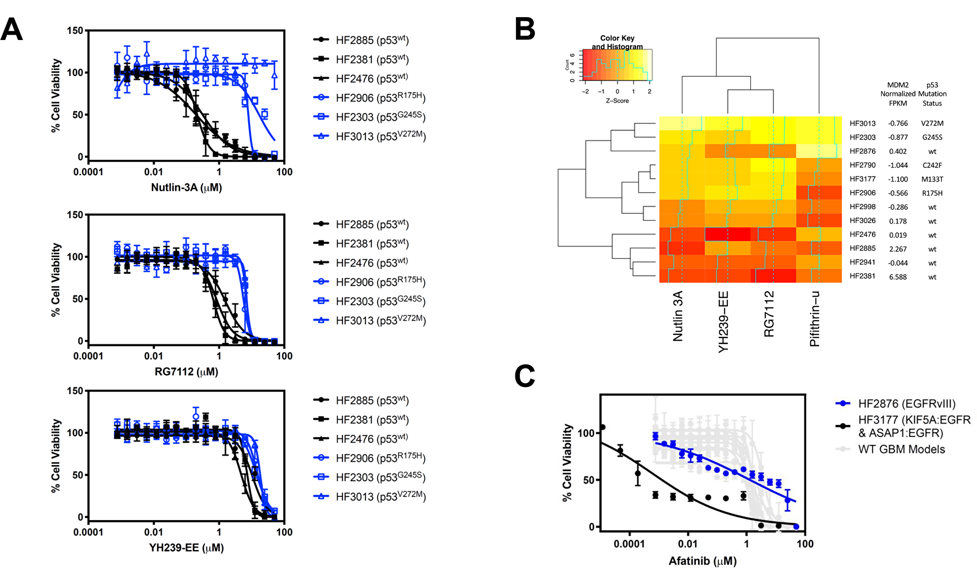 Discovery of MDM2 inhibitor sensitivity correlation with MDM2 copy number and p53 mutational status.