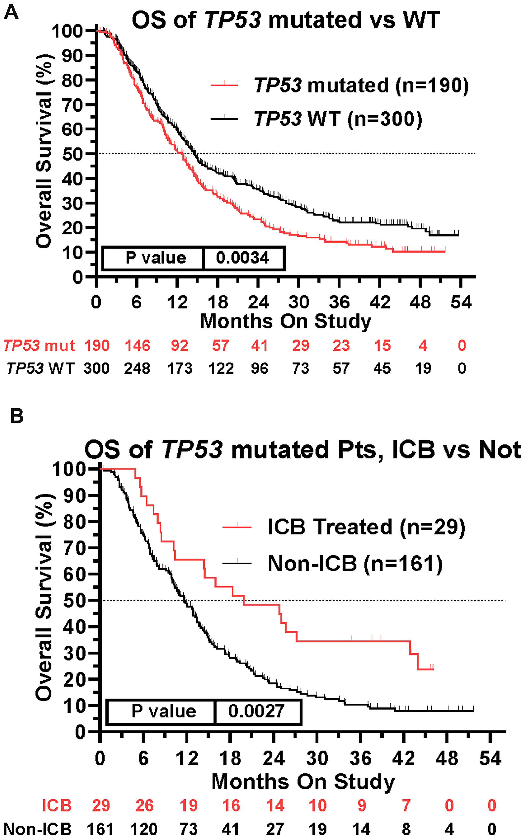 Impact of TP53 tumor mutation on survival and ICB treatment.