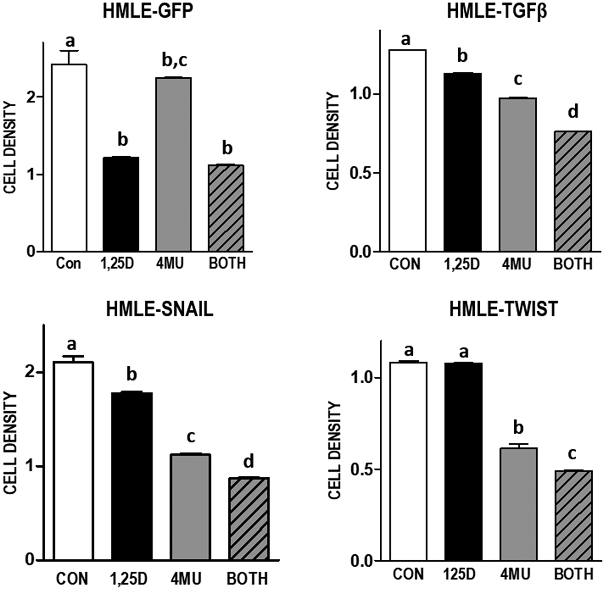 Effect of 1,25D3 and HA synthesis inhibitor 4MU on culture density in mammary epithelial cell models of EMT.