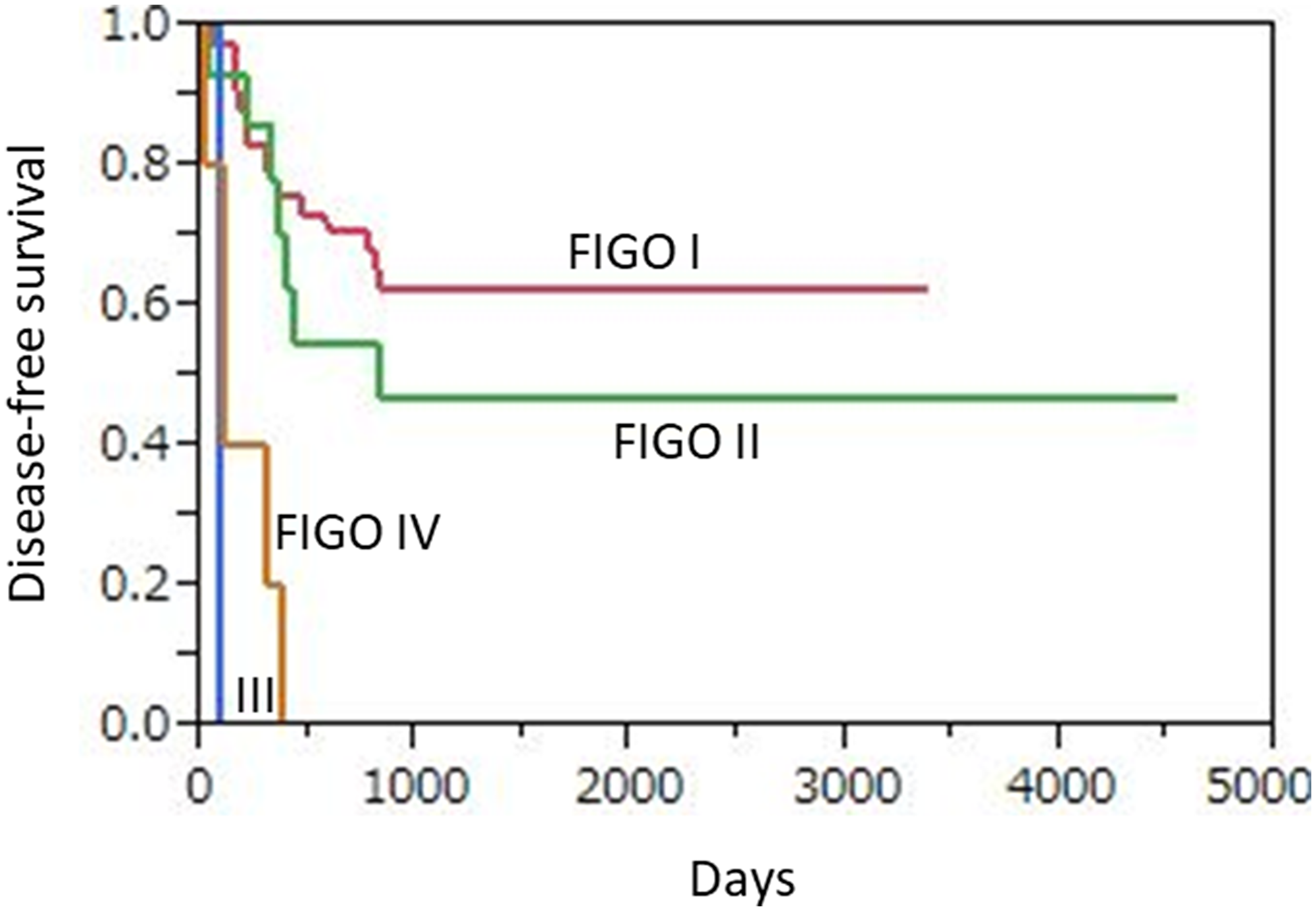 Kaplan-Meier disease-free survival curves for 62 uterine cervical neuroendocrine carcinoma patients according to FIGO stage.