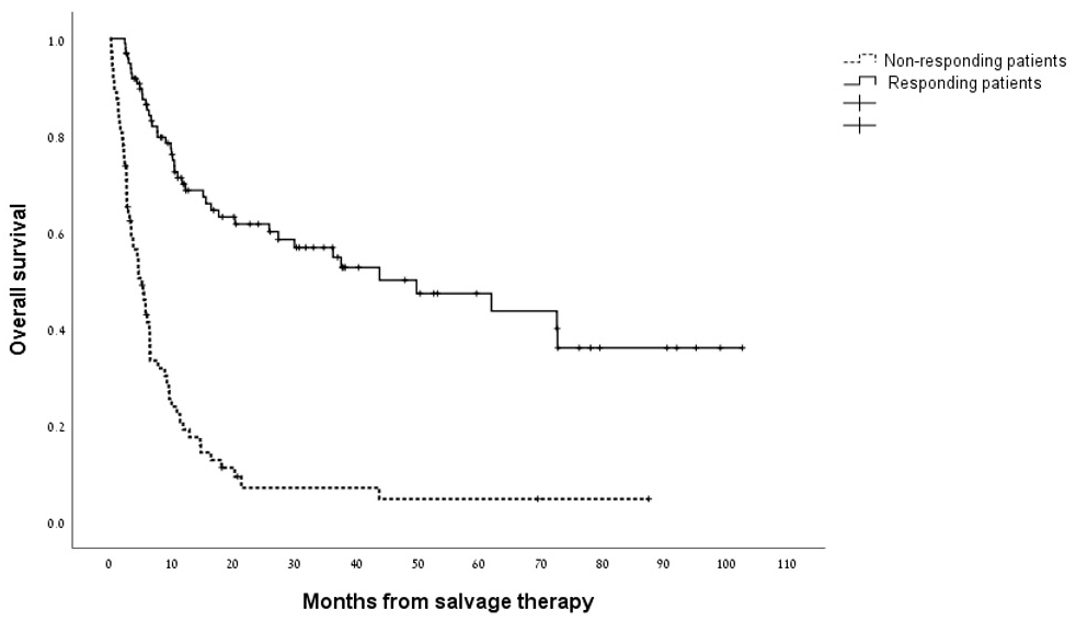 Kaplan&ndash;Meier estimate of overall survival in responding patients and non-responding patients to treatment with HiDAC/MITO.