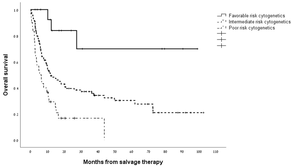 Kaplan&ndash;Meier estimate of overall survival according to cytogenetic risk group.