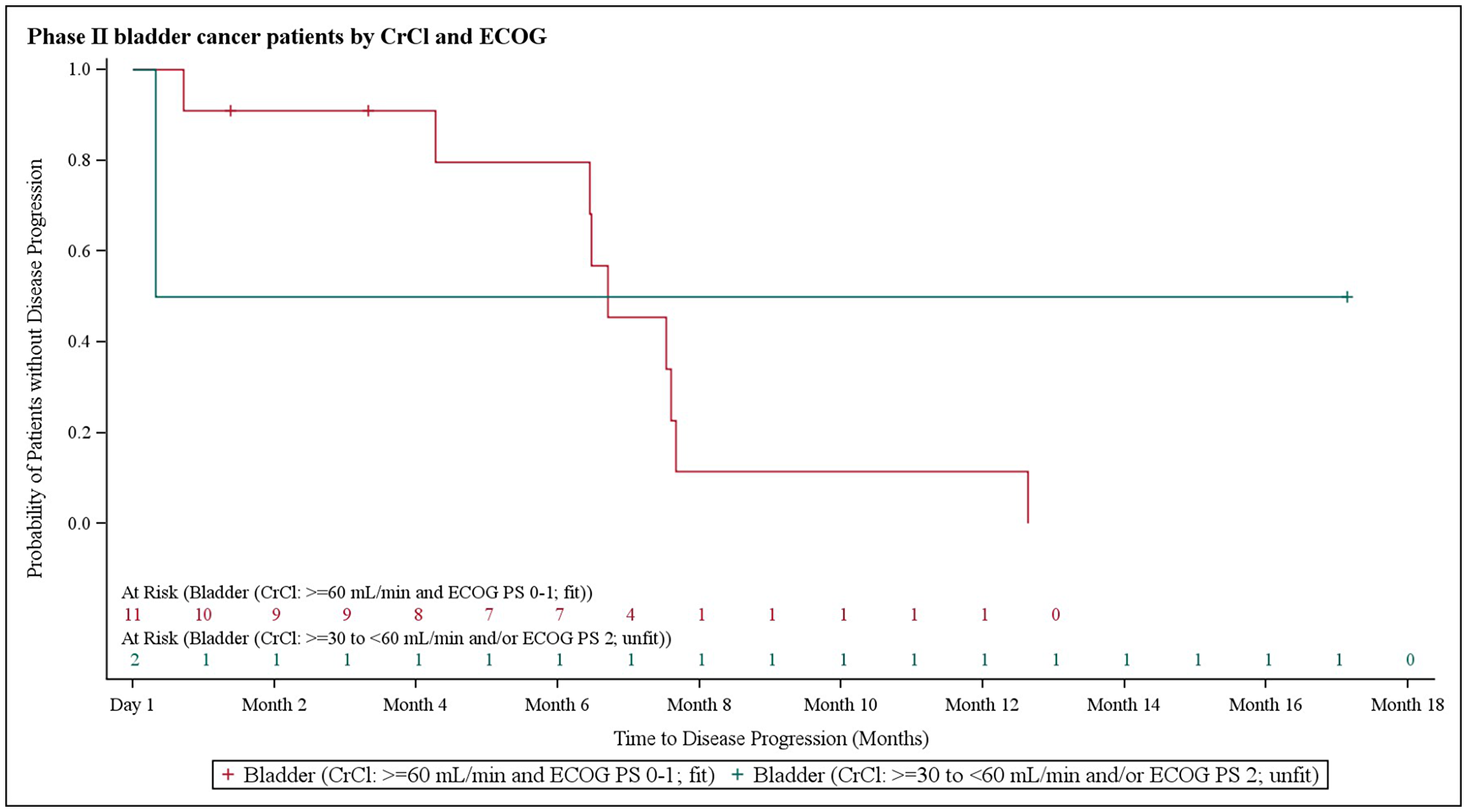 Kaplan–Meier plot of progression-free survival in bladder cancer patients stratified based on creatinine clearance and Eastern Cooperative Oncology Group performance status.