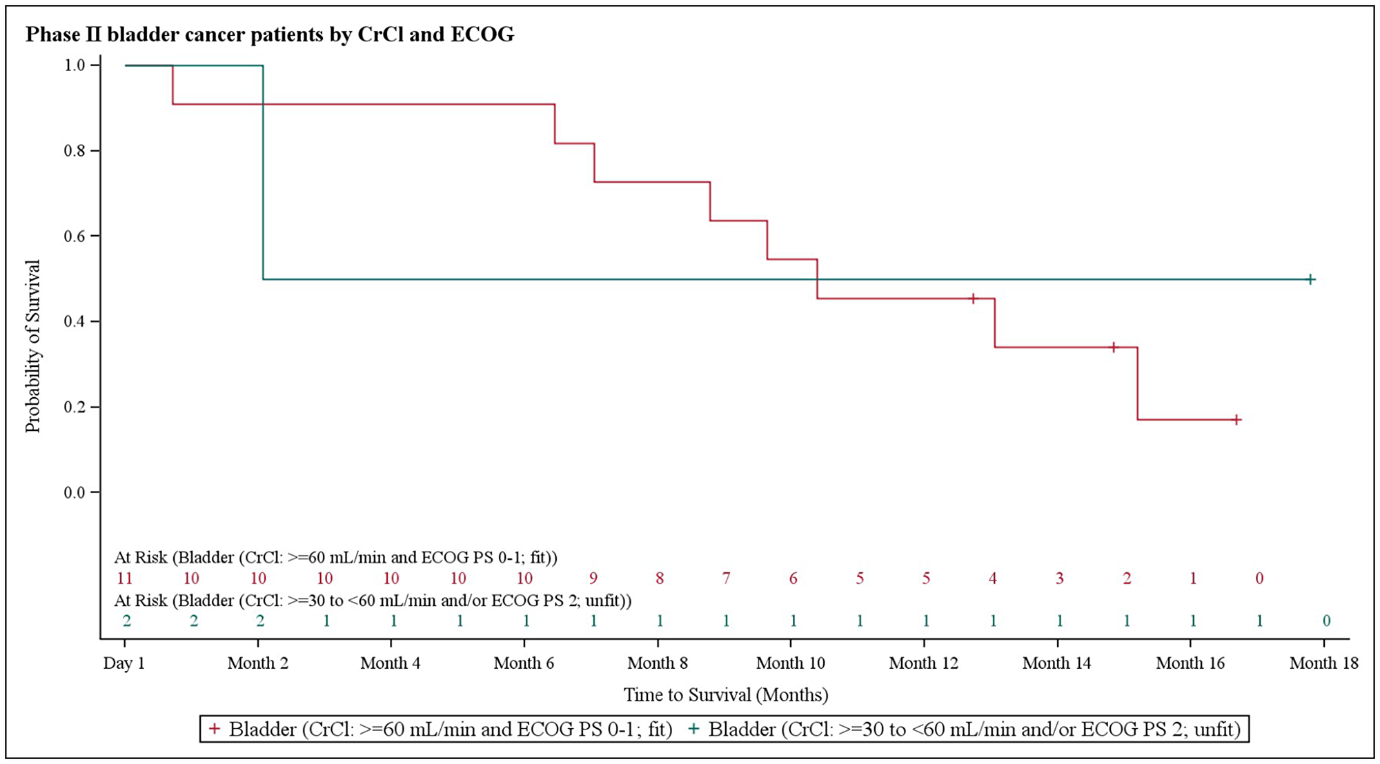 Kaplan–Meier plot of overall survival in bladder cancer patients stratified based on creatinine clearance and Eastern Cooperative Oncology Group performance status.