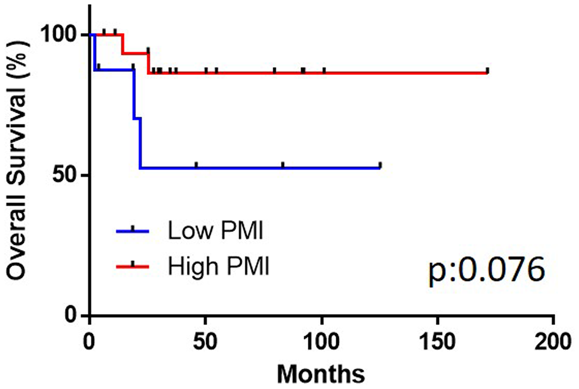 The overall survival in the high and low psoas muscle index (PMI) groups.