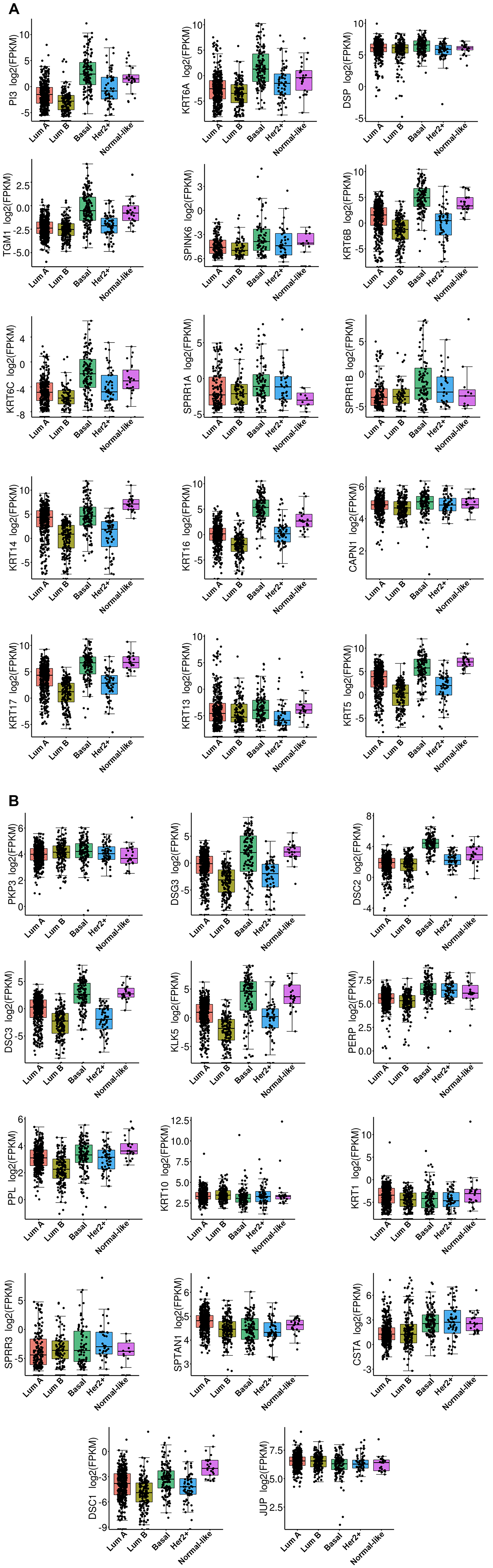 The box plot of RNA expression on TCGA data across BC subtype for all 29 gene.