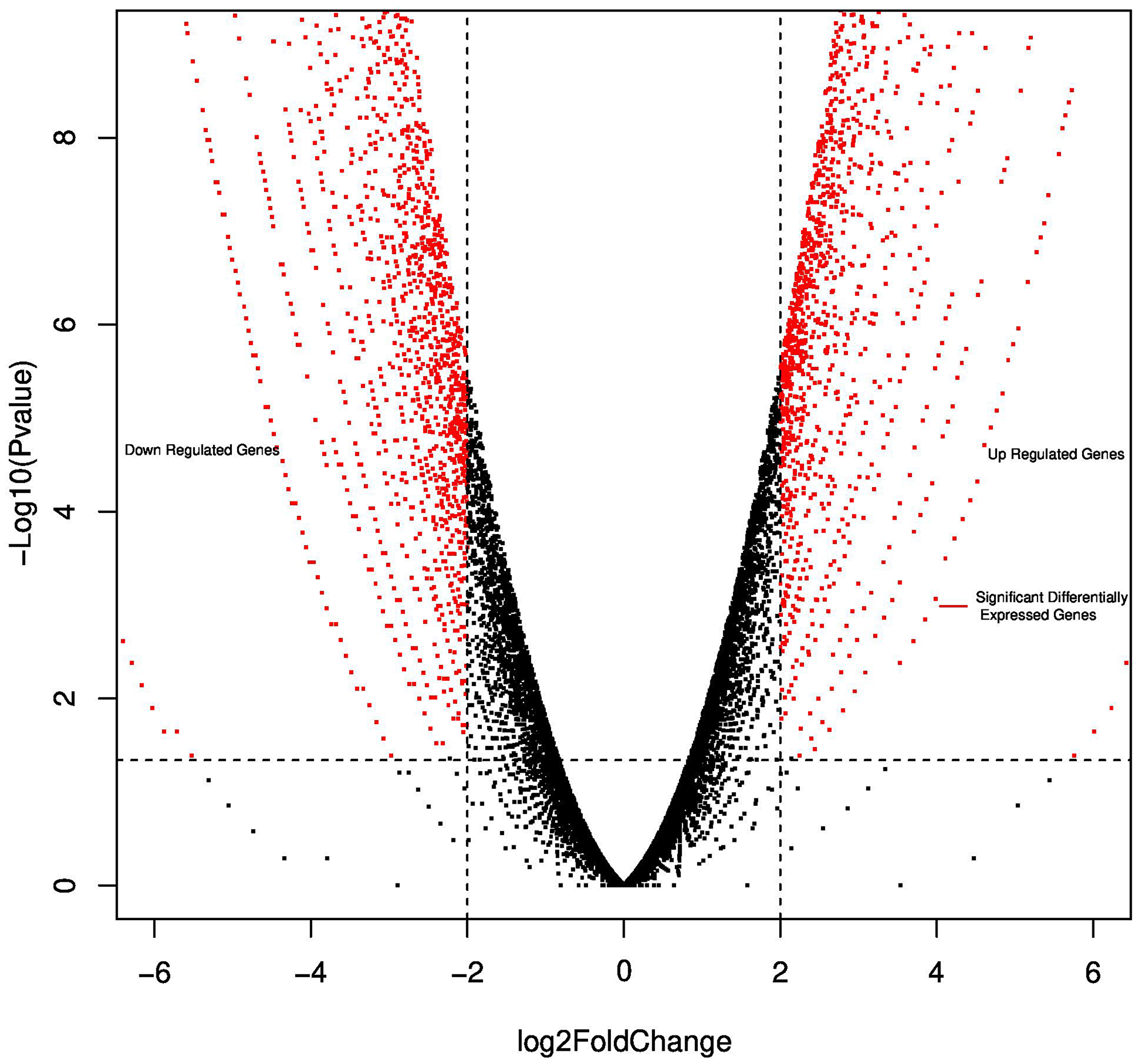 Volcano plot reporting P values against fold changes.