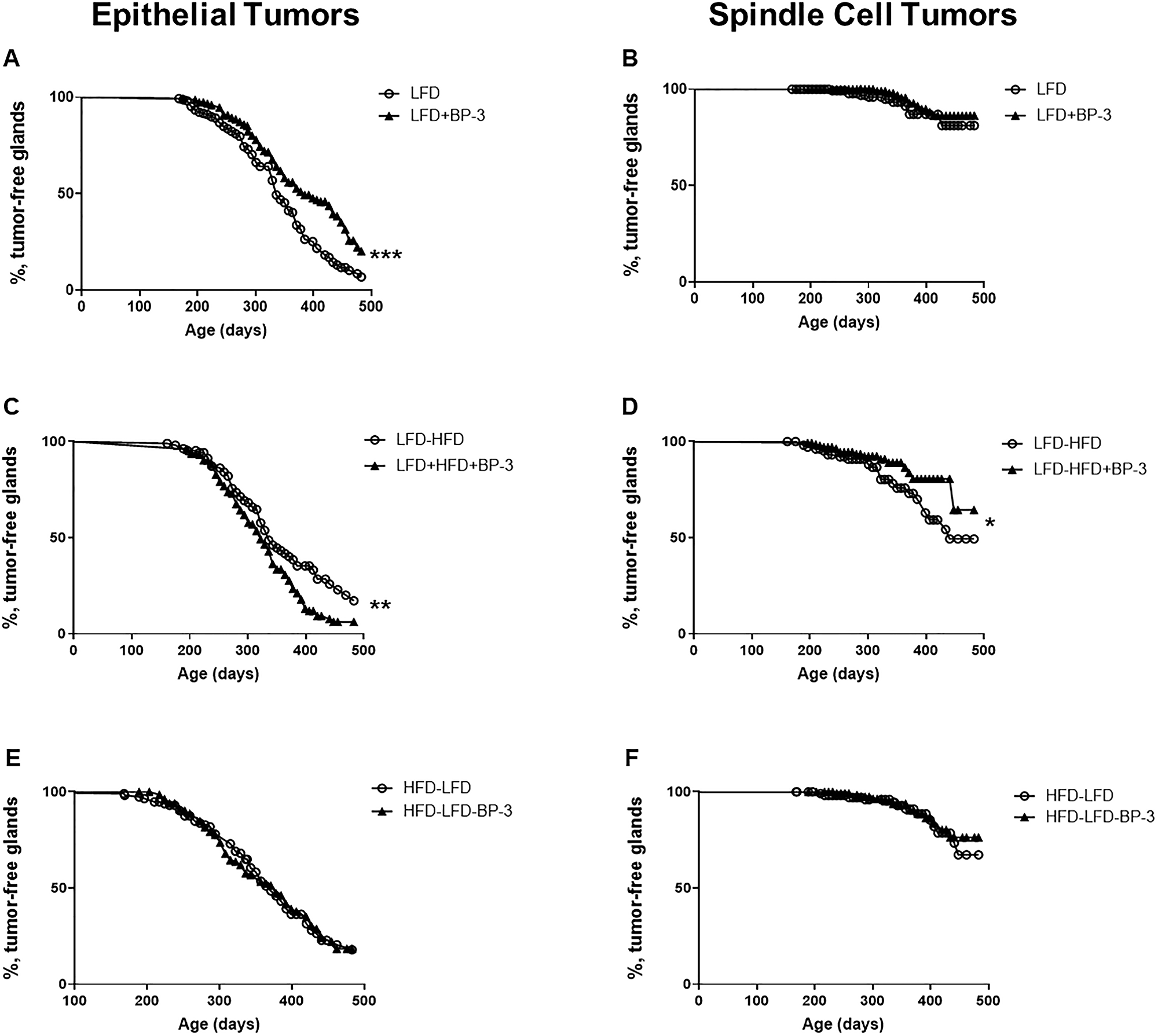 BP-3 reduced epithelial tumorigenesis on LFD, but promoted epithelial tumorigenesis on an adult-restricted HFD.