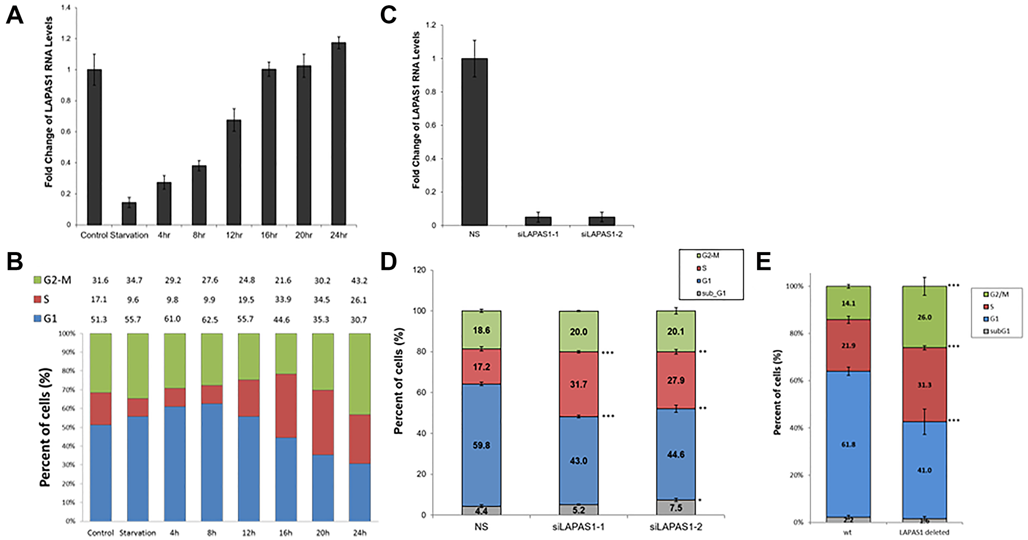 The RNA levels of LAPAS1 are cell cycle-regulated, and its inhibition results in cell cycle redistribution.