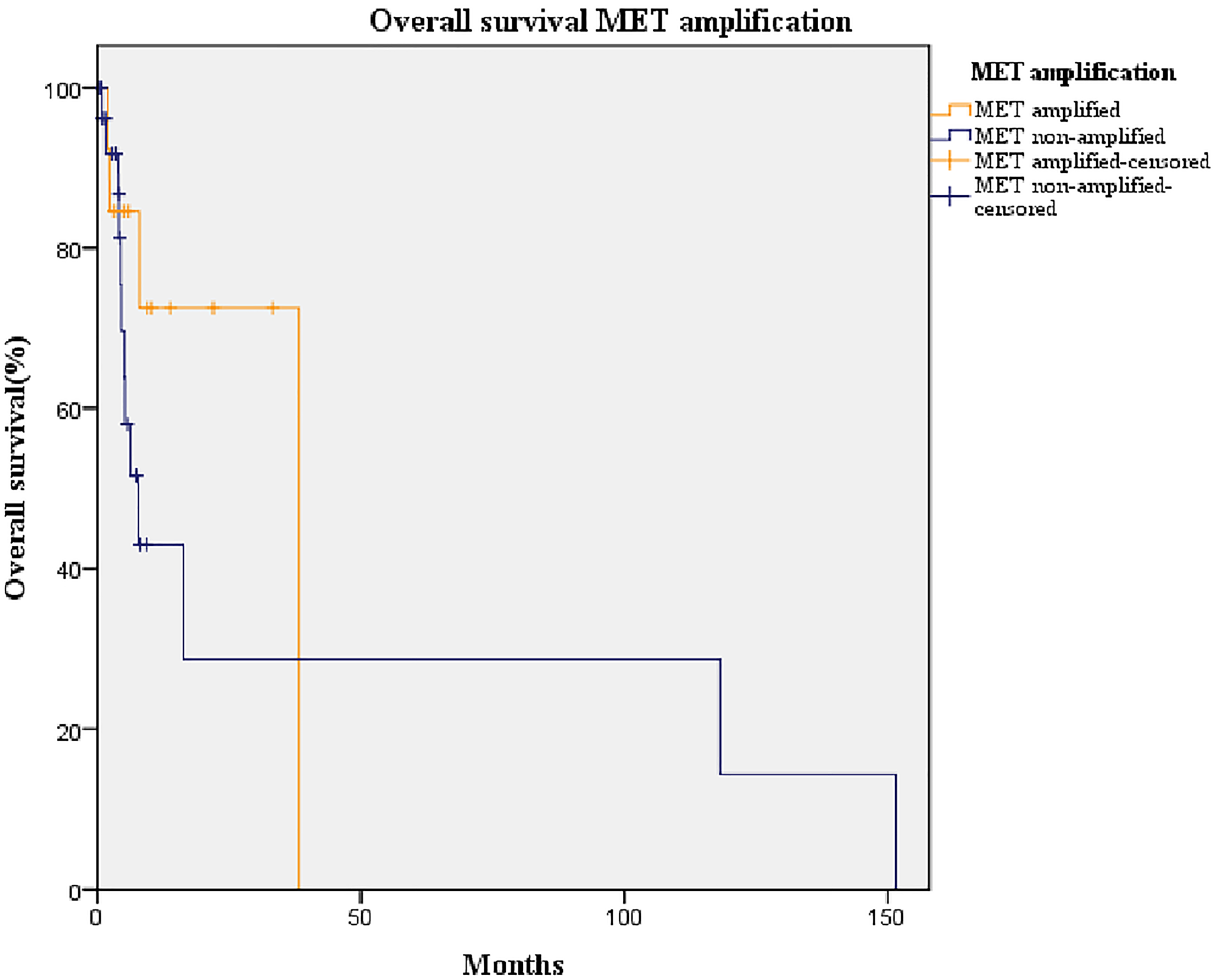 Kaplan-Meier curve of overall survival of patients with amplified MET (orange line) and non-amplified MET (blue line).