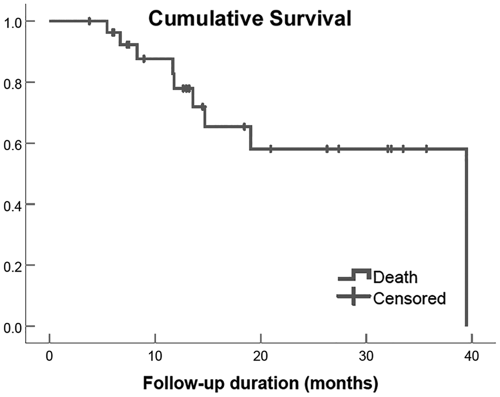 Overall survival of 28 patients with iCCA treated with ablative radioembolization.