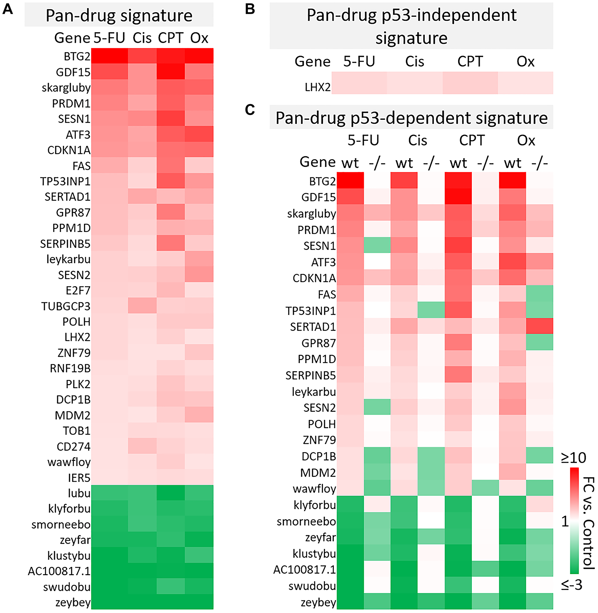 Pan-drug gene signatures after 5-FU, CPT-11, oxaliplatin, and cisplatin treatment of human colorectal cancer cells.