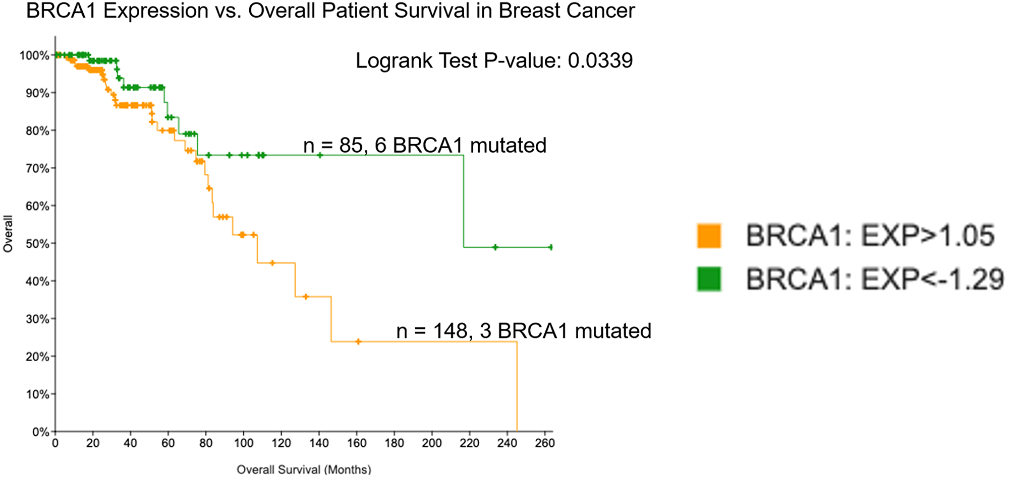 Low expression of BRCA1 in breast cancer correlates with improved overall survival.