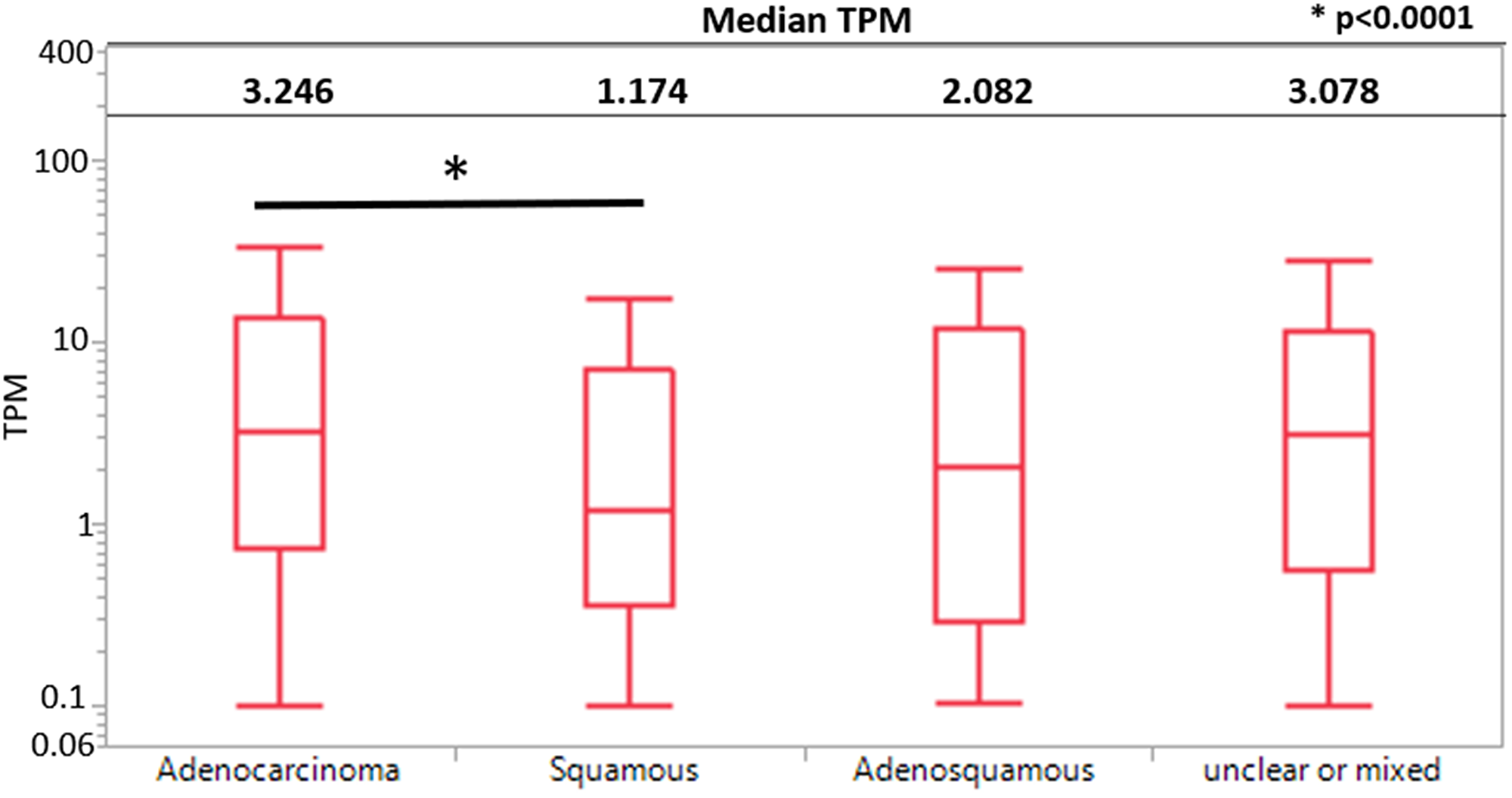 KK-LC-1 expression by histological subtypes between adenocarcinoma, squamous cell carcinoma, adenosquamous carcinoma, and unclear or mixed carcinomas using a boxplot.