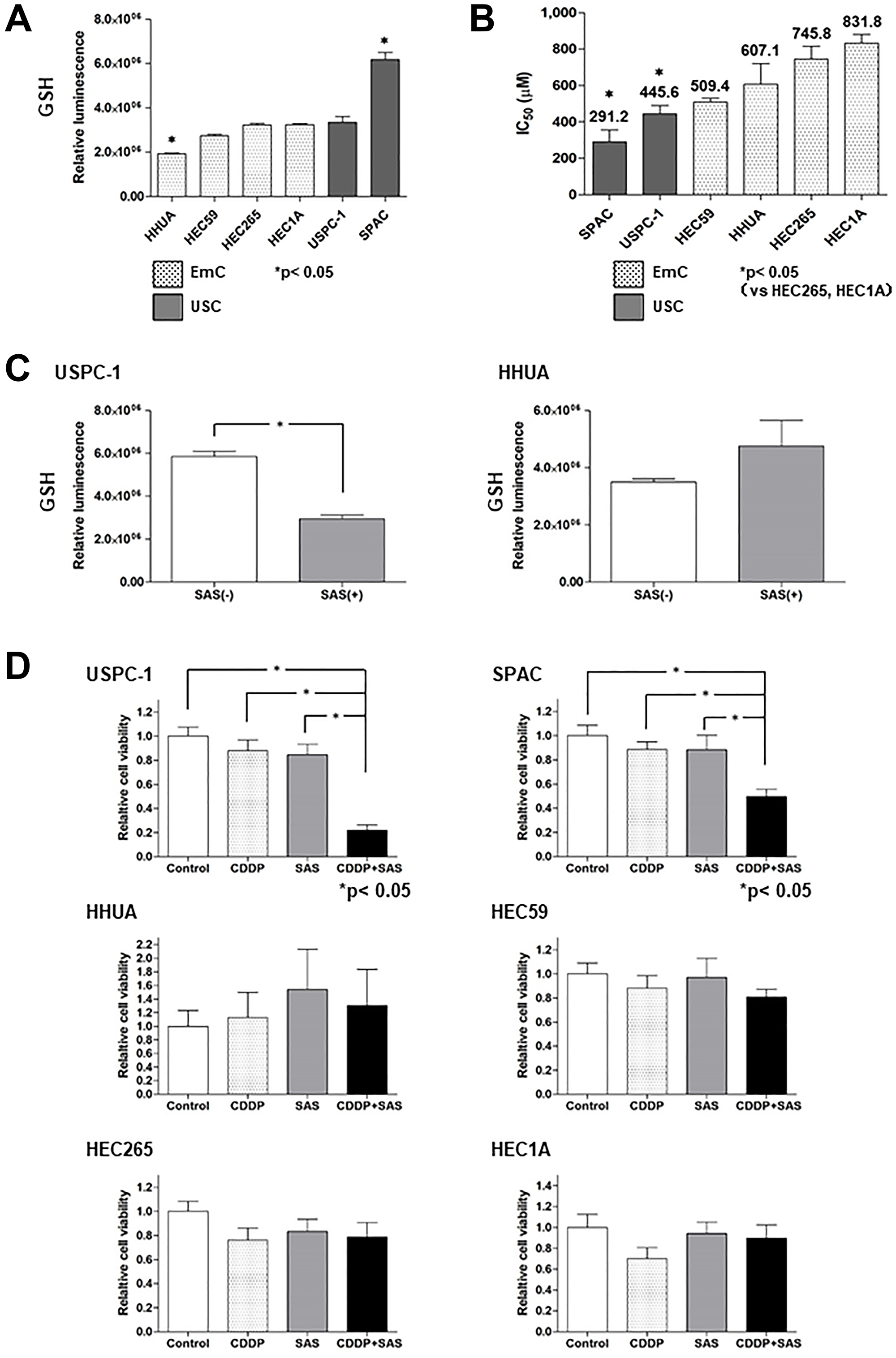 Sulfasalazine (SAS) enhances the efficacy of cisplatin (CDDP) in uterine serous carcinoma (USC) cells resulting from the depletion of intracellular glutathione (GSH).