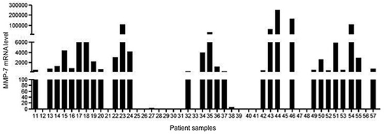 Expression of MMP-7 RNA transcripts in 47 peritoneal washing samples taken from 47 patients who had undergone surgery for colorectal cancer.
