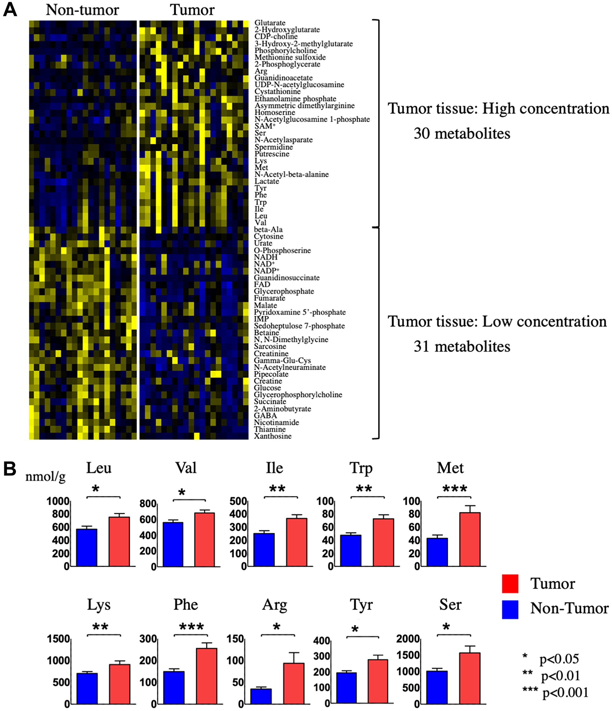 Identification and quantification of metabolites in tumor and non-tumor tissues from HCC patients.