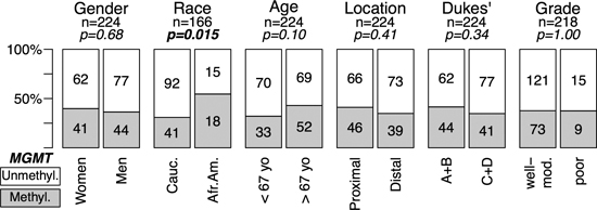 MGMT methylation and genotype/phenotype of CRC without MSI.