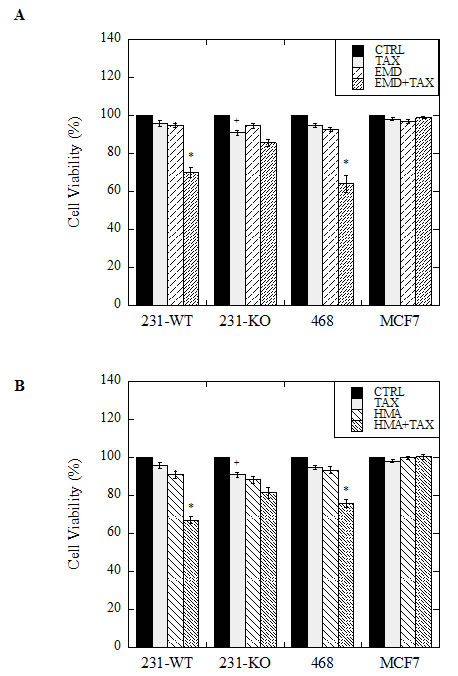 Effect of paclitaxel in combination with NHE1 inhibitors on cell viability of wild type (231-WT) and NHE1-knockout (231-KO) MDA-MB-231 cells, and MDA-MB-468 (468) and MCF7 cells.