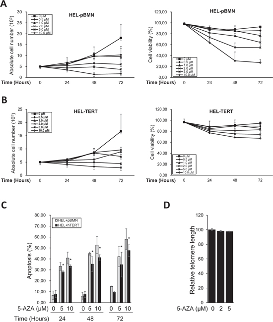 Attenuation of diminished viability, apoptosis, and telomere shortening by ectopic TERT expression in 5-AZA-treated HEL cells.