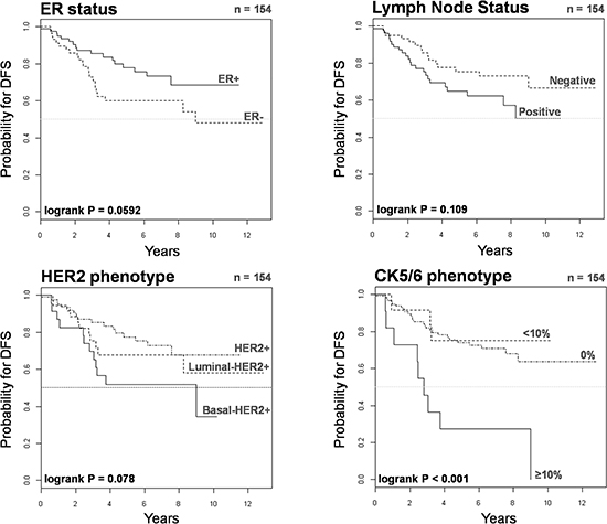 Kaplan-Meier DFS curves of HER2+ patients stratified by ER status, lymph node status, HER2 phenotype, and CK5/6 phenotype.