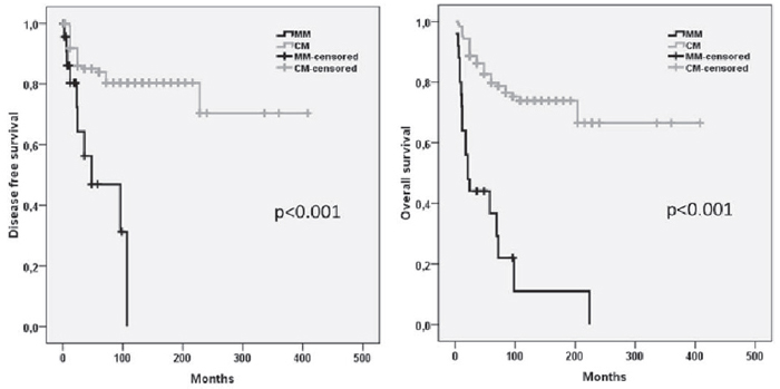 Kaplan&#x2013;Meier estimates of the disease free and overall survival in patients with MM and CM.