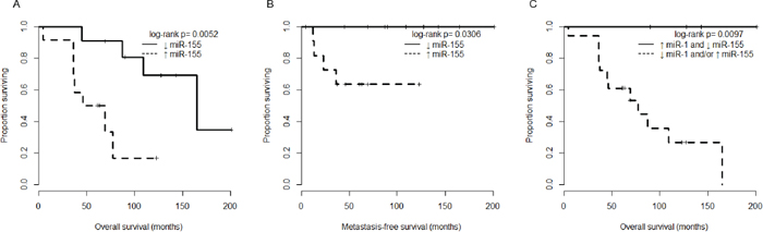 miR-155 expression is associated with overall survival in chordoma patients.