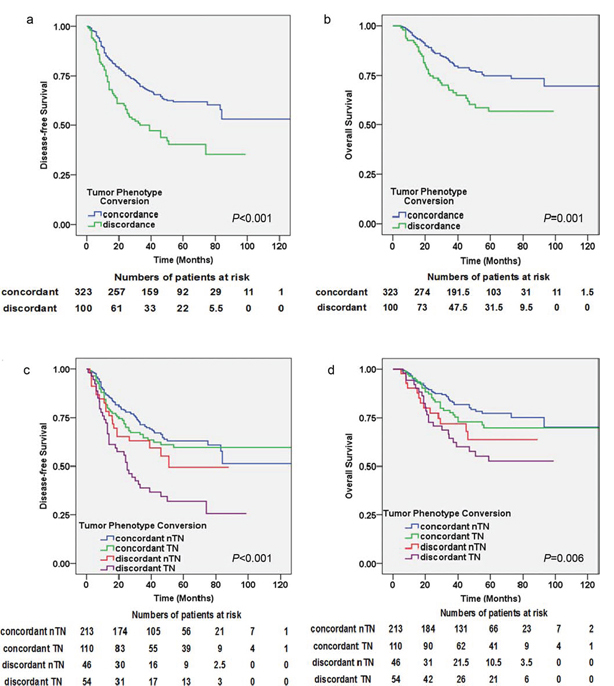 Kaplan&#x2013;Meier estimates of DFS and OS by tumor phenotype conversion.