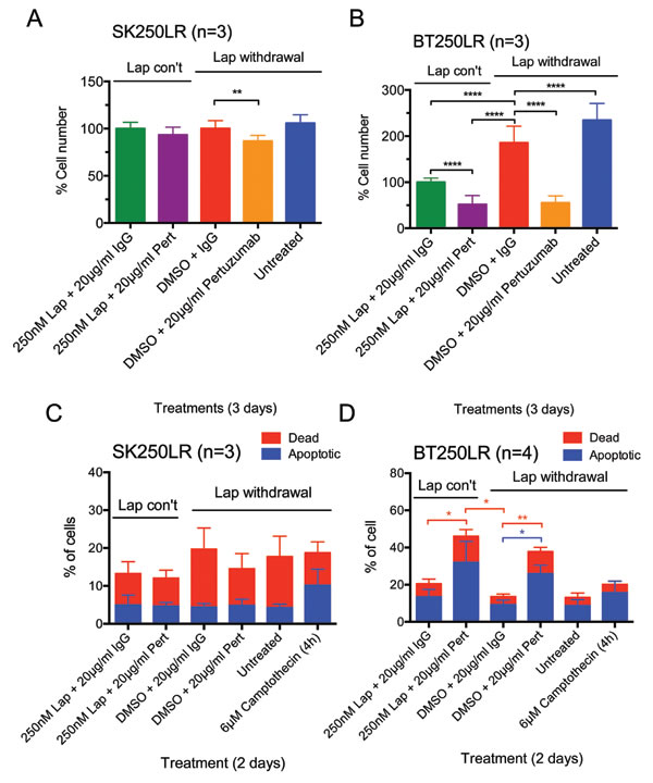 Effect of pertuzumab with or without continuous lapatinib treatment in lapatinib-resistant cell lines.