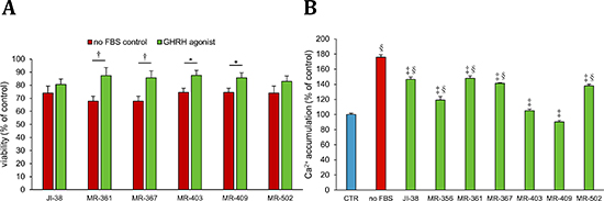 Effect of GHRH agonists at 100 nmol/L concentration on A. survival, and at 1 &#x03BC;mol/L concentration on B. Ca++-influx in H9c2 cardiomyoblast cells cultured in a nutrition-deprived medium.