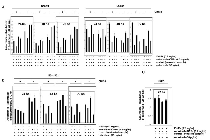 Cytotoxicity of cetuximab-IONPs in human GSCs and GBM CD133-negative cells quantified by MTT assay.