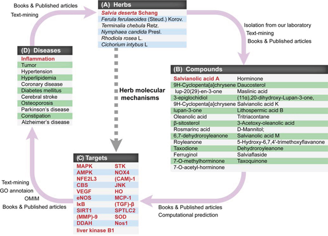 The interrelationships among CEMTDs, chemical compounds, targets and treated diseases.