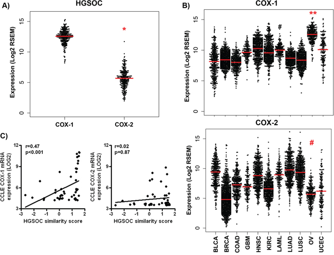COX-1 mRNA is over-expressed in high-grade serous ovarian tumors and representative cell lines.