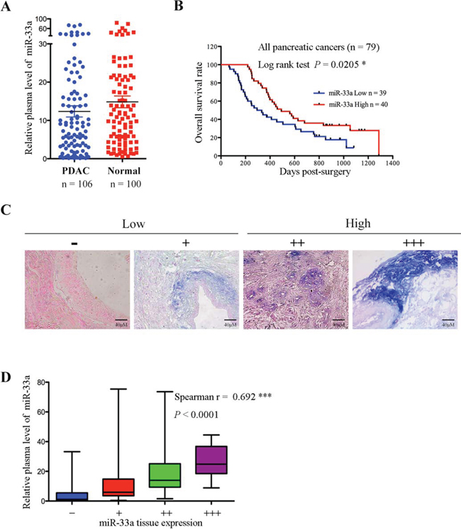 MiR-33a expression is reduced in plasma and tumor tissues from pancreatic cancer patients and is a prognostic indicator for pancreatic cancer.