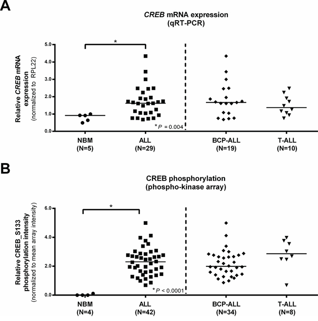 Normalized CREB expression profiles in pediatric ALL and normal bone marrow (NBM) mononuclear cells.