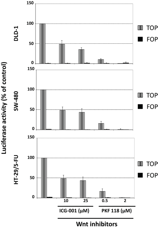 Influence of ICG-001 and PKF 118 on WNT-signaling in DLD-1 cells (top), SW-480 cells (middle) or HT-29/5-FU cells (bottom) as determined by the luciferase activity after transfection with Top-Flash or Fop-Flash plasmid constructs.