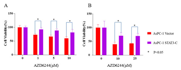 Constitutively active STAT3, STAT3-C reversed the inhibition induced by AZD6244 in AsPC-1 cells.