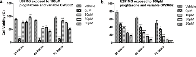 Effect of increasing concentrations of GW9662 with co-treatment of high dose (100 &#x03BC;M) pioglitazone on U87MG (a) and U251MG (b) glioma cell lines.